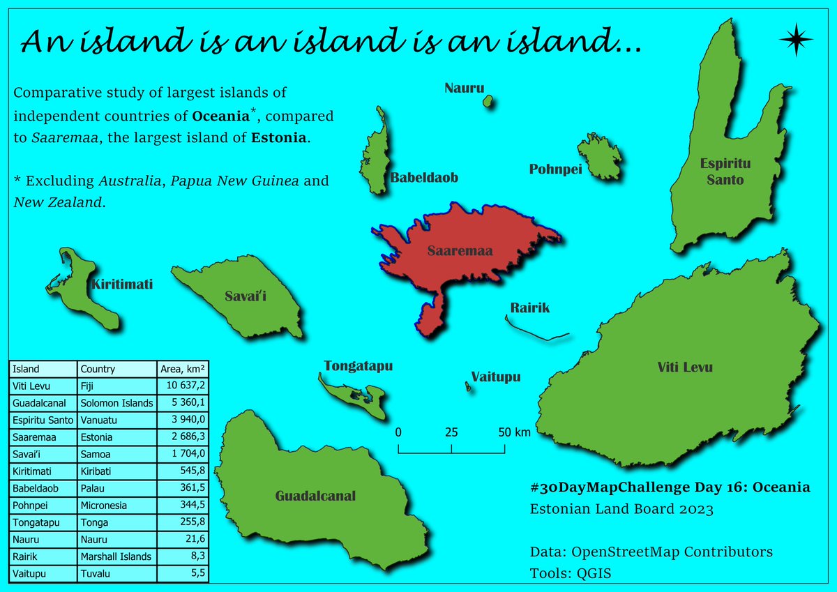 #30DayMapChallenge Day 16 category: Oceania Can you name things common to Estonia and different Oceanian countries? There is the sea, famous seafarers and plenty of islands. This map brings the biggest islands of 12 independent nations together for close comparision.