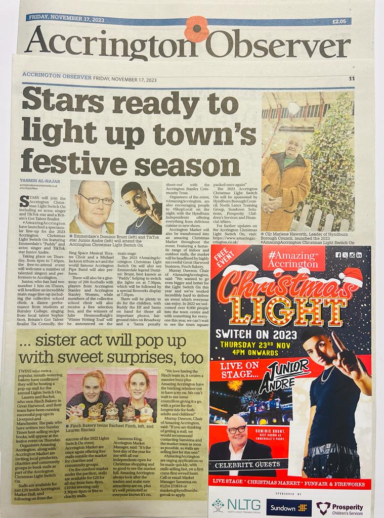 📰👀 Thank You to the Accrington Observer for dedicating a whole page to next week's Christmas Light Switch On: 'Stars ready to light up town's festive season' Read more in this week's Accrington Observer.