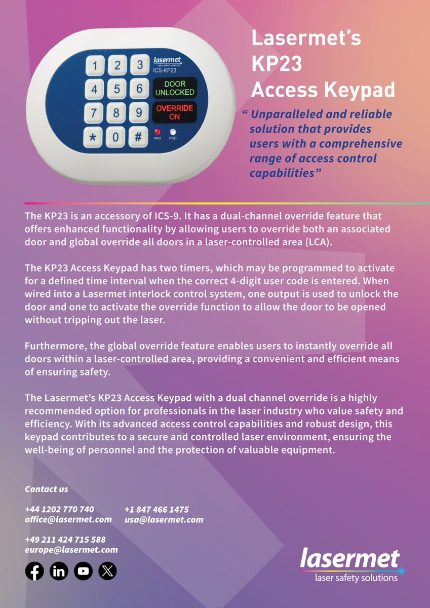 Lasermet’s KP23 Access Keypad is an unparalleled and reliable solution that provides users with a comprehensive range of access control capabilities.

lasermet.com 
lasermetgmbh.de  
lasermetusa.com
#Laser #lasersafety #laserwelding #safetysolution