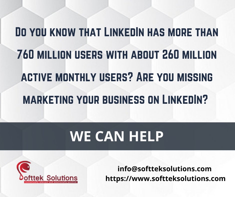 SofttekSolutio1's tweet photo. Are you missing marketing your business on LinkedIn?
Contact us: +1 520-395-7714
Visit our website: https://t.co/KMOzSaCowv
#digitalmarketing #linkedinmarketing #softteksolutions #smallbusiness #onlinemarketing #socialmediamarketing #seoservices https://t.co/5i6ueAJ66C