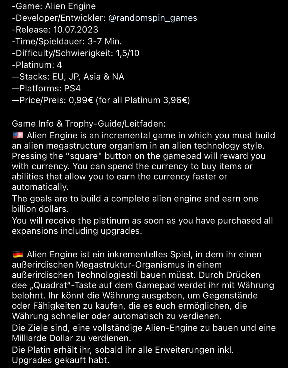 marcelreise11's tweet photo. 🏆 Platinum #1340 & #1341 🏆
Yesterday I platinumed the EU 🇪🇺 & NA 🇺🇸 Version of #AlienEngine.
https://t.co/GWmNGZllvY
@RandomspinG @Platingamer73 @SilentGhost86 @PSN_Robert2567 @OverhypedG @IBadDriverI @TrophyN3rd @SadoMarco_ @DerPlatinjunge https://t.co/cO2phl7YIm