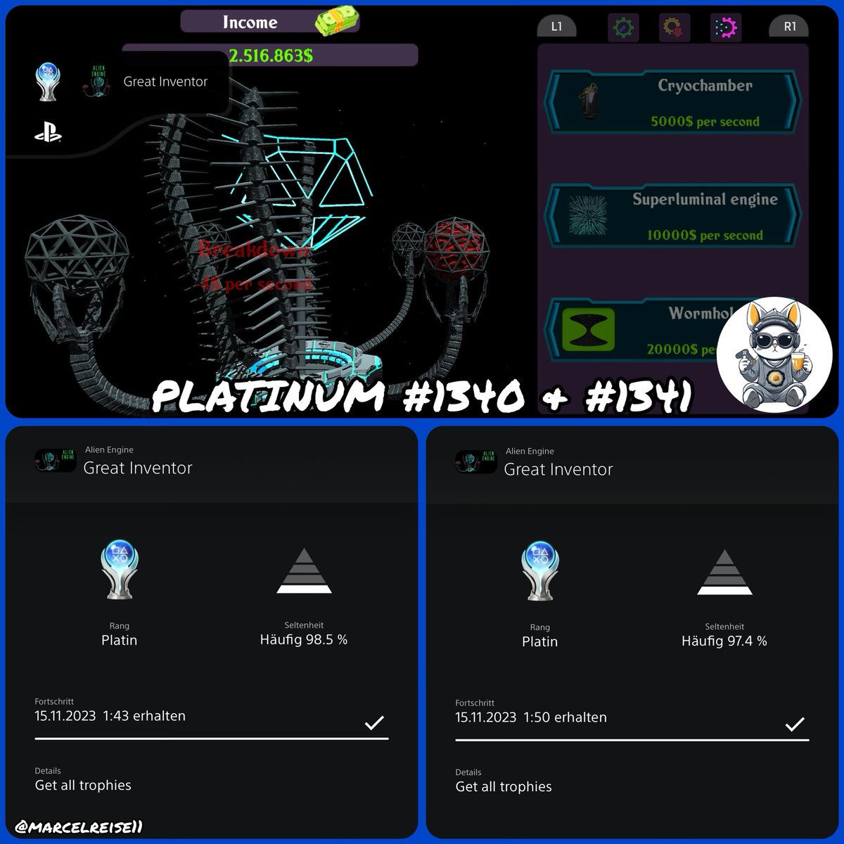 marcelreise11's tweet photo. 🏆 Platinum #1340 & #1341 🏆
Yesterday I platinumed the EU 🇪🇺 & NA 🇺🇸 Version of #AlienEngine.
https://t.co/GWmNGZllvY
@RandomspinG @Platingamer73 @SilentGhost86 @PSN_Robert2567 @OverhypedG @IBadDriverI @TrophyN3rd @SadoMarco_ @DerPlatinjunge https://t.co/cO2phl7YIm