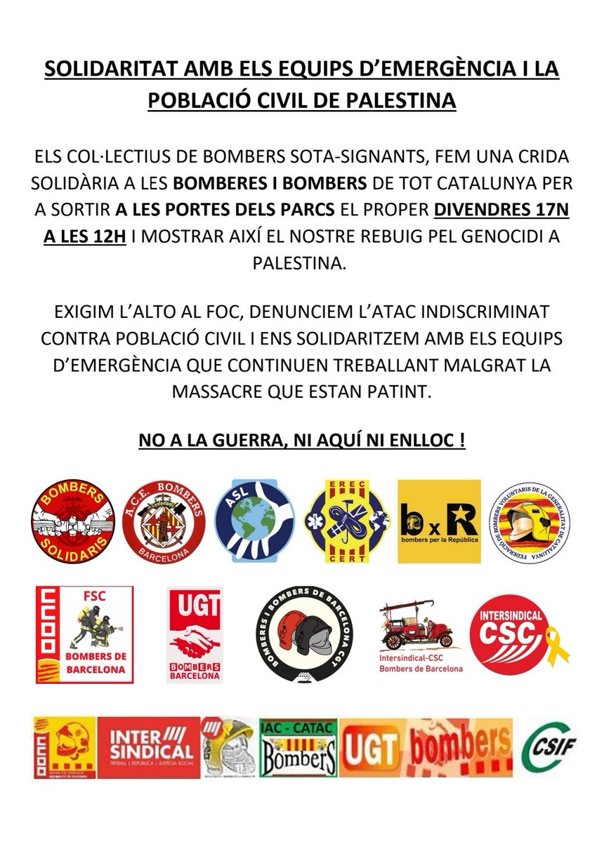 Manifest en solidaritat amb els equips d'emergència i la població civil de Palestina. 
No a la guerra, ni aquí ni enlloc!
<a href="/SolidariaAccio/">Acció Solidària i Logística</a> <a href="/equip_erec/">Equip de Rescat i Emergències de Catalunya- EREC</a> <a href="/Palestina_cat/">Comunitat Palestina Catalunya</a> <a href="/proucomplicitat/">ProuComplicitat #AturemElGenocidi</a>