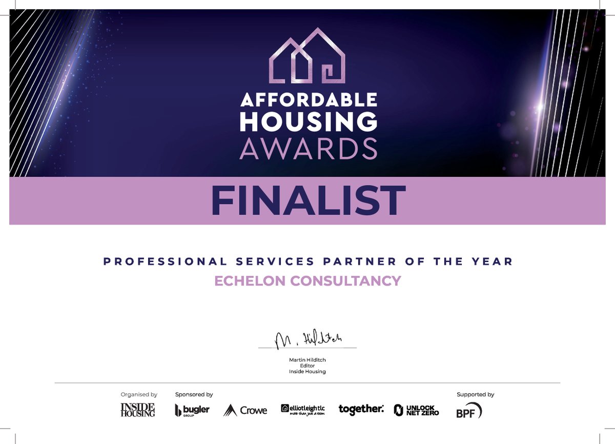 We’re looking forward to attending the #affordablehousingawards on Friday, where we’ve been shortlisted for ‘Professional Services Partner of the Year’. 2023 has been a busy year for Echelon, and we're delighted to be recognised for our achievements. Good luck to all nominees!