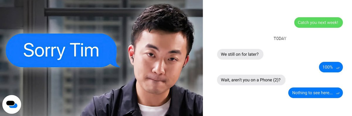 whywemade's tweet image. Nothing has dropped a new app that lets you use iMessage on your phone. This is a good marketing hook for the media to mention this case. 
A trap for @Apple, because if they try to fight with @nothing, they will get PR. If Apple doesn't say anything, another player will try it.