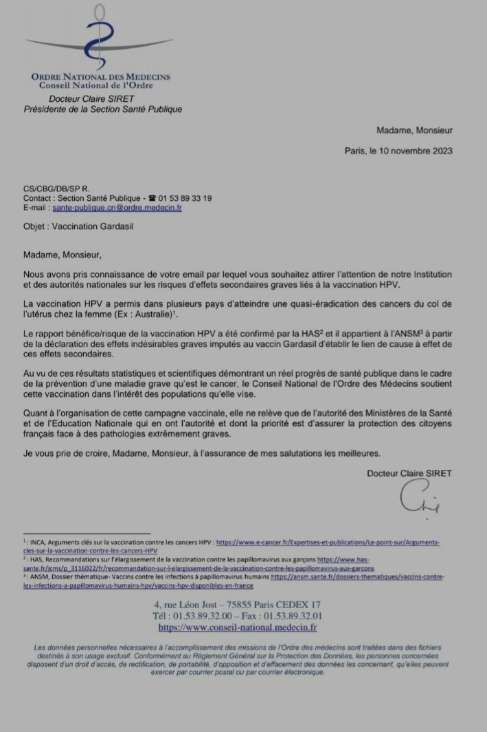Voici la lettre du dr Claire SIRET, pdte de la section Santé du CNOM, au mouvement citoyen concernant le vaccin Gardasil9, et la réponse du DrGerard DELEPINE. 
Elle ne pourra pas dire qu'elle ne savait pas. ⚖️ ⛓️
profession-gendarme.com/lettre-ouverte…