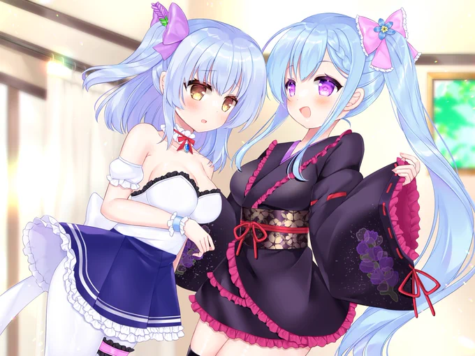 Skebでほかふたさんのオリキャラちゃん達を描かせていただきました!あいむちゃん無有ちゃんの衣装似合いすぎです!素敵なシチュで描かせていただきありがとうございました #Skeb #Commission