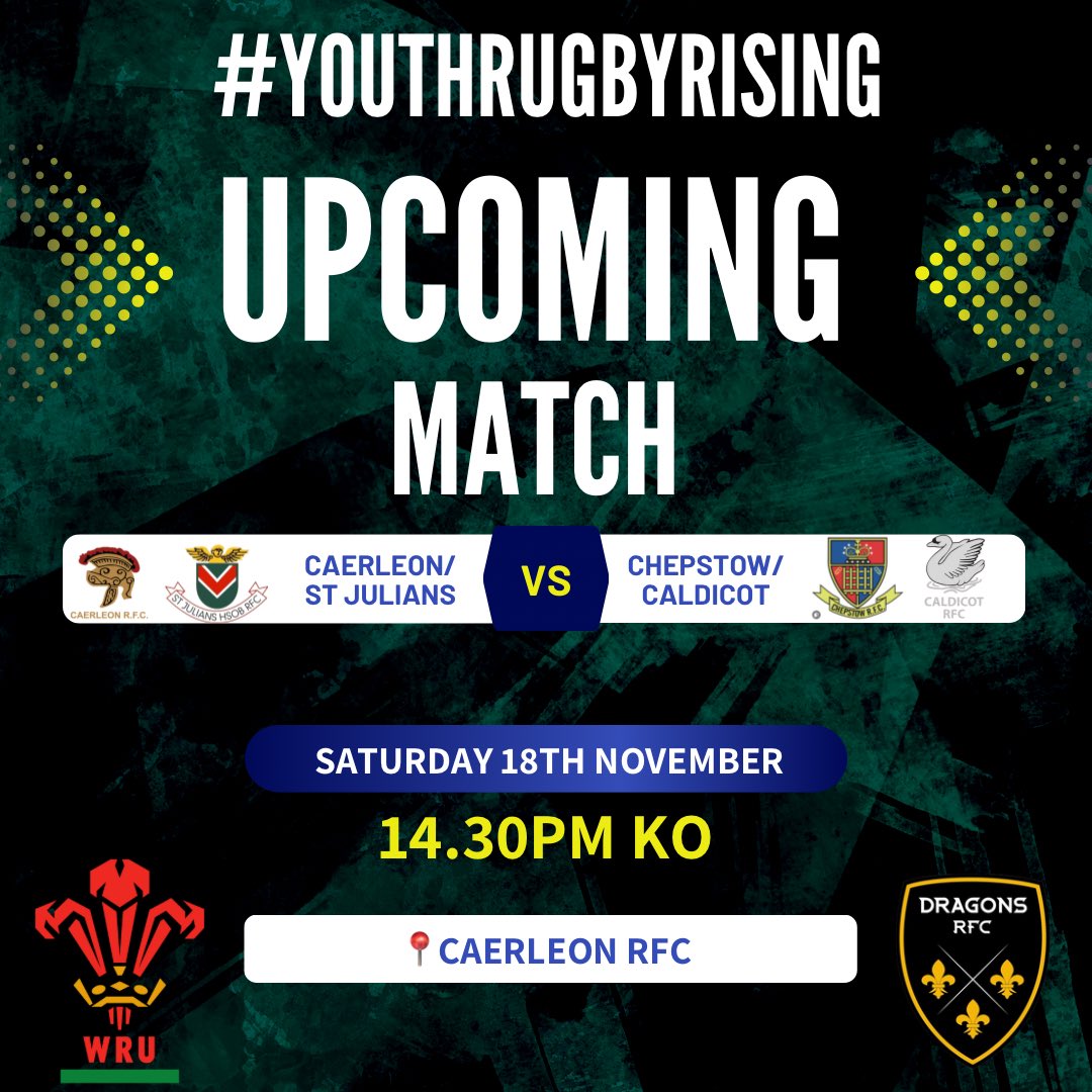 𝒀𝑶𝑼𝑻𝑯 𝑹𝑼𝑮𝑩𝒀 𝑹𝑰𝑺𝑰𝑵𝑮 💥
𝑭𝒆𝒂𝒕𝒖𝒓𝒆𝒅 𝑮𝒂𝒎𝒆 ⬇️
⁦<a href="/Caerleon_RFC/">Caerleon RFC</a>⁩ ⁦<a href="/StJuliansYouth/">St Julians Youth</a>⁩ 
🆚
⁦<a href="/CHEPSTOWRFC/">CHEPSTOW RUGBY CLUB</a>⁩ ⁦<a href="/CaldicotRFC/">Caldicot Rugby</a>⁩ 

📍Caerleon RFC
⏰14.30pm KO 

⁦<a href="/AshSweet6/">Ashley Sweet</a>⁩ ⁦<a href="/Christo11590925/">Christopher Cornford 🏴󠁧󠁢󠁷󠁬󠁳󠁿</a>⁩ 

#YouthRugbyRising | ⁦<a href="/DragonsYRR/">Dragons Youth Region Rugby</a>⁩