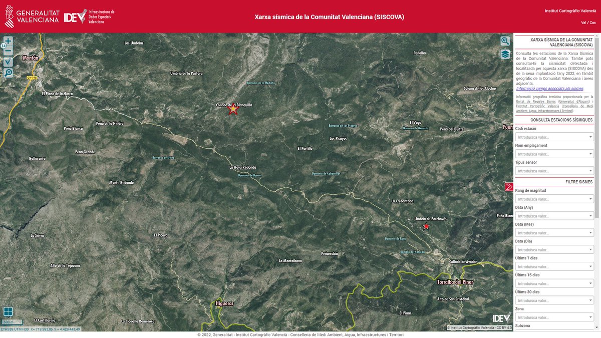 GVAcartografic's tweet photo. Confirmats dos #terratrémols ahir a la comarca de l'Alt #Millars: un al terme de #Torralba del Pinar a les 09:27, de magnitud 2.0, i un al terme de #Montant a les 10:09, de magnitud 1.4.

S'hi pot accedir per https://t.co/yr5wDUEsL6

#earthquake #terremoto https://t.co/LBWRRQ3Vlp