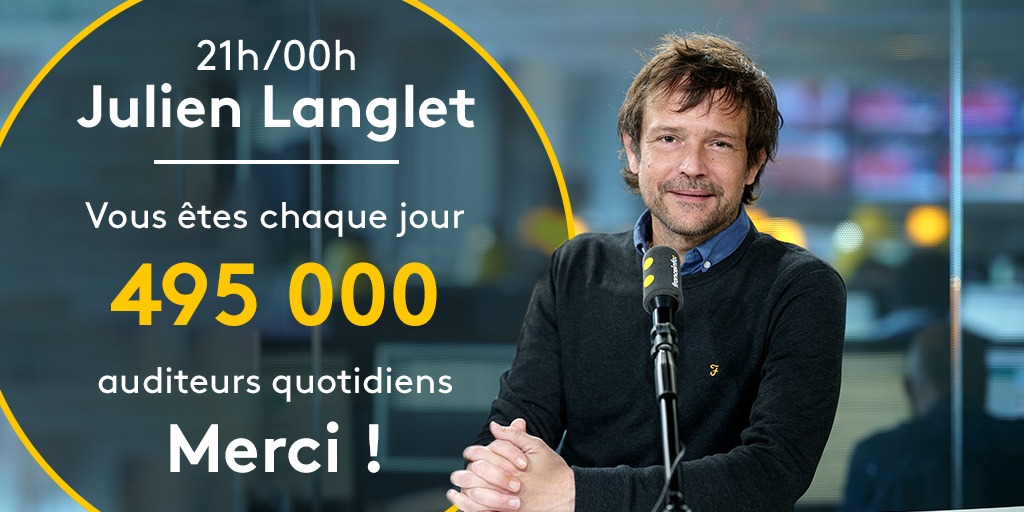 <a href="/franceinfo/">franceinfo</a> <a href="/aurelienaccart/">Aurélien Accart</a> <a href="/Cbriguetlamarre/">Claire Briguet-Lamarre</a> <a href="/jchapuis/">Jérôme Chapuis</a> <a href="/salhiabrakhlia/">Salhia Brakhlia</a> <a href="/jrbaudot/">Jean-Rémi Baudot</a> <a href="/AgatheLambret/">Agathe Lambret</a> <a href="/RenaudDely/">Renaud Dély</a> <a href="/LuBarbar/">Lucie Barbarin</a> <a href="/FCarbonne/">Frédéric Carbonne</a> <a href="/mariebernardeau/">Marie Bernardeau</a> <a href="/nico_teillard/">Nicolas Teillard</a> <a href="/JFAchilli/">Jean-François Achilli</a> <a href="/berengerebonte/">Berengere Bonte</a> 📈 Vous êtes 495 000 auditeurs à écouter chaque soir le 21h/00h de <a href="/julien_langlet/">Langlet Julien</a>, et de <a href="/Thomas_Sechier/">Thomas Séchier</a> le vendredi !    

👉 +37 000 auditeurs en un an

🥈 2e radio de France le soir !
    
🙏 Merci beaucoup

#Mediametrie #Audiencesradio (sept-oct)