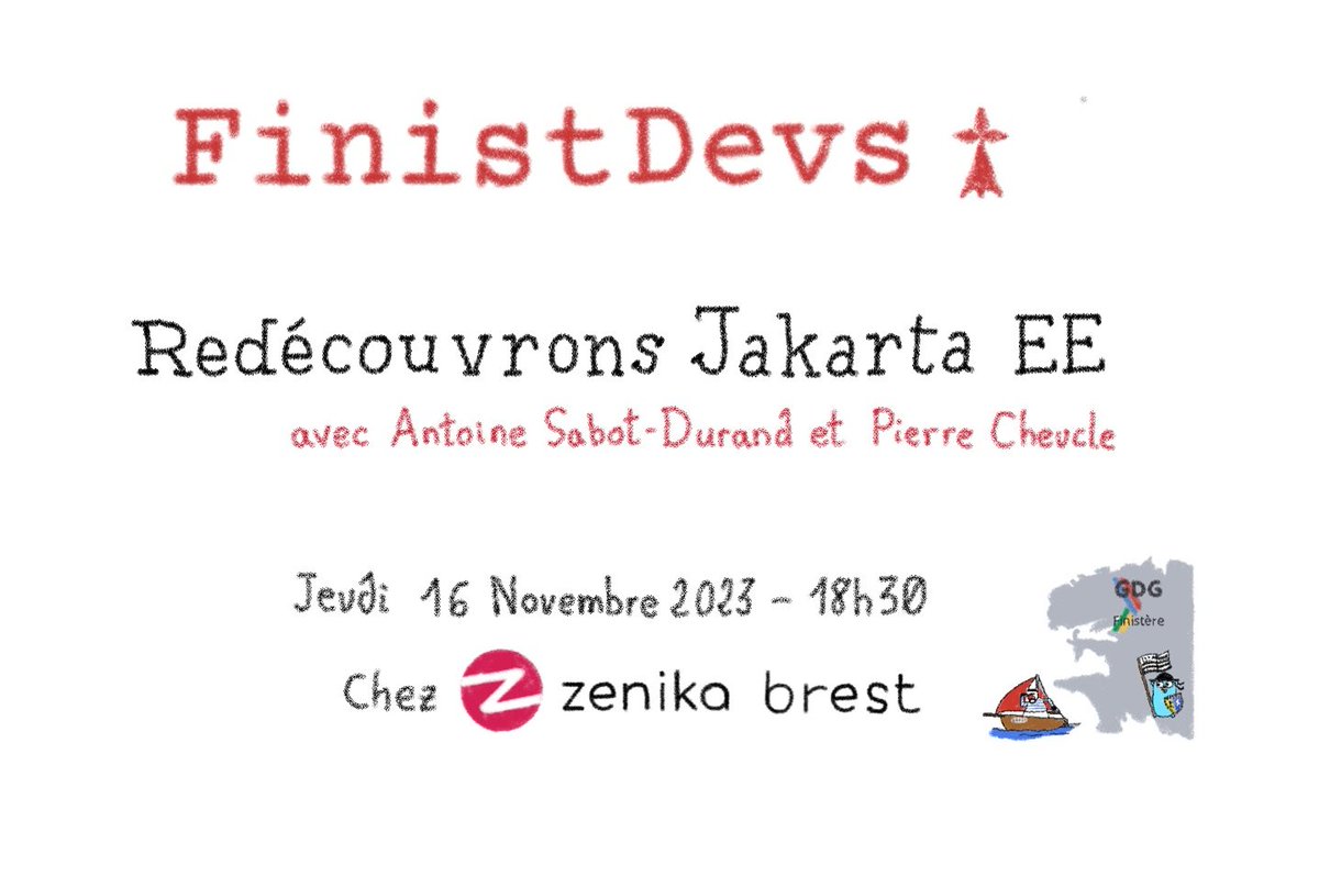 🚀N'oubliez pas, <a href="/FinistDevs/">FinistDevs</a> ce soir à 18h30 chez <a href="/ZenikaBrest/">Zenika Brest</a>.  Découvrez comment Jakarta EE réinvente le monde Java pour les développeurs d'aujourd'hui, avec <a href="/antoine_sd/">Antoine Sabot-Durand</a>
et Pierre Cheucle !  #Java #JakartaEE meetup.com/finistdevs/eve…