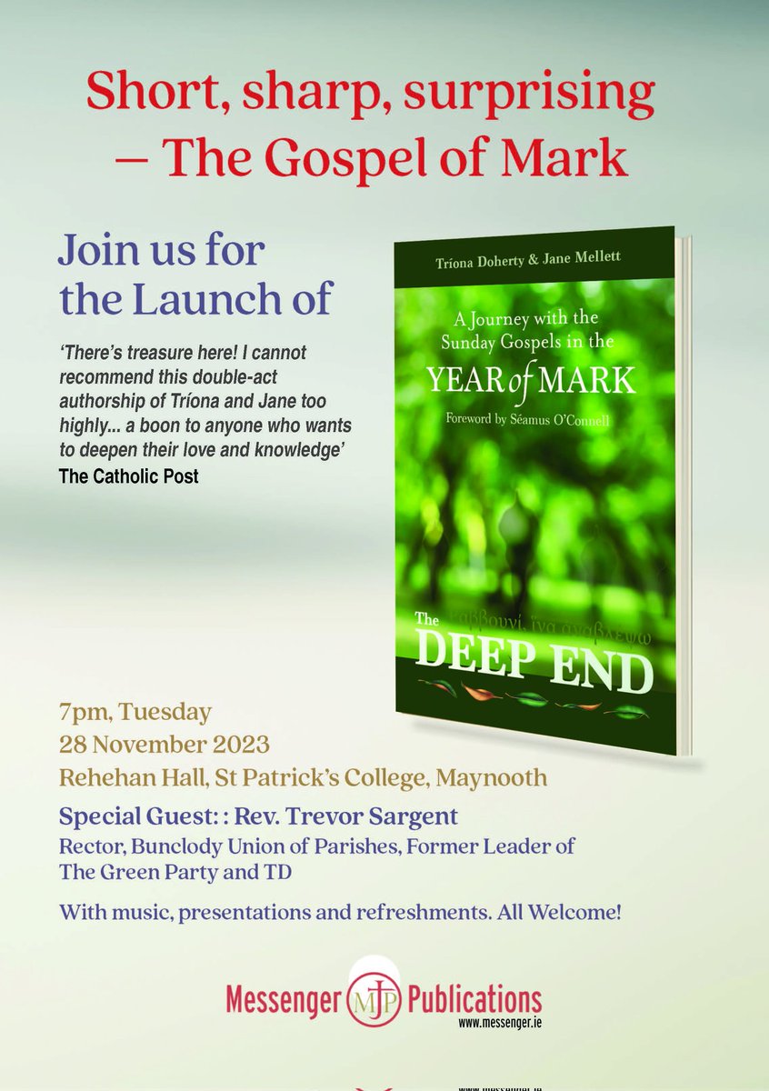 Jane Mellett (@janemellett) on Twitter photo Most welcome to join us for this special event <a href="/StPatsMaynooth/">St Patrick's Pontifical University</a> Tuesday 28th Nov 7pm, for the launch of #TheDeepEnd Mark. Delighted that @RevTrev10 can launch this final instalment of Gospel reflections, which we hope are nourishing & relevant for the challenges of today's world. Most welcome to join us for this special event <a href="/StPatsMaynooth/">St Patrick's Pontifical University</a> Tuesday 28th Nov 7pm, for the launch of #TheDeepEnd Mark. Delighted that @RevTrev10 can launch this final instalment of Gospel reflections, which we hope are nourishing & relevant for the challenges of today's world.