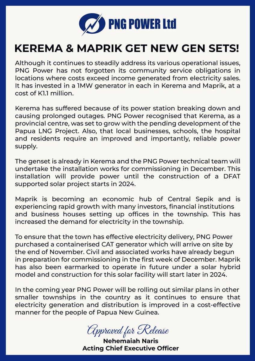 PNGPowerLtd's tweet photo. PRESS STATEMENT

Kerema &amp; Maprik get new Gen Sets! https://t.co/Zbt5pRMJrq