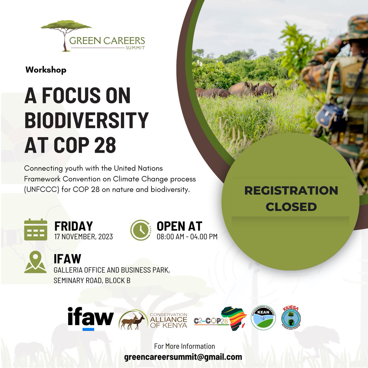 Join us for the Green Careers Summit on the UNFCCC process

Only registered participants will be allowed in, so make sure you're on the list! 😎

📅 Date: 17th November 2023
🕗 Time: 8:00 am
🏢 Venue: IFAW Galleria Office and Business Park

#GreenCareersSummit #UNFCCCprocess