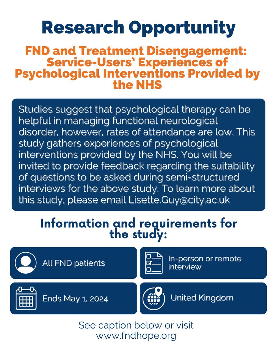 FNDHopeUK (@fndhopeuk) on Twitter photo New Research by Lisette Guy from City University London
If you are interested in getting involved please email Lisette.Guy@city.ac.uk and they will forward all the information for you to review before particpating
#FND #FNDResearch New Research by Lisette Guy from City University London
If you are interested in getting involved please email Lisette.Guy@city.ac.uk and they will forward all the information for you to review before particpating
#FND #FNDResearch
