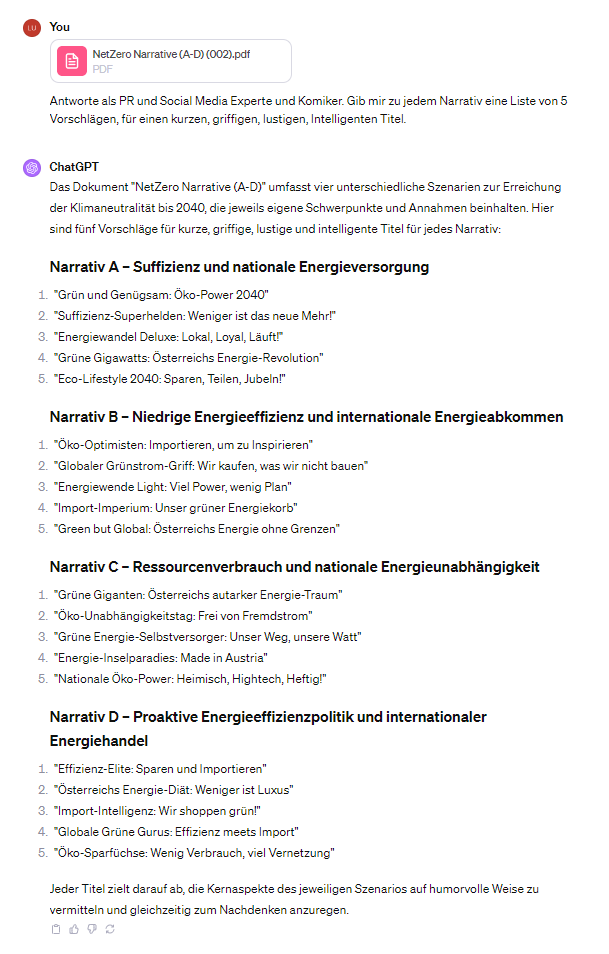 Wir haben #ChatGPT gefragt, wie man unsere 4 #NetZero2040 Szenarien alternativ betiteln könnte😉Welcher Name gefällt euch am Besten? (Szenarien:👉x.com/NetZero2040/st…)