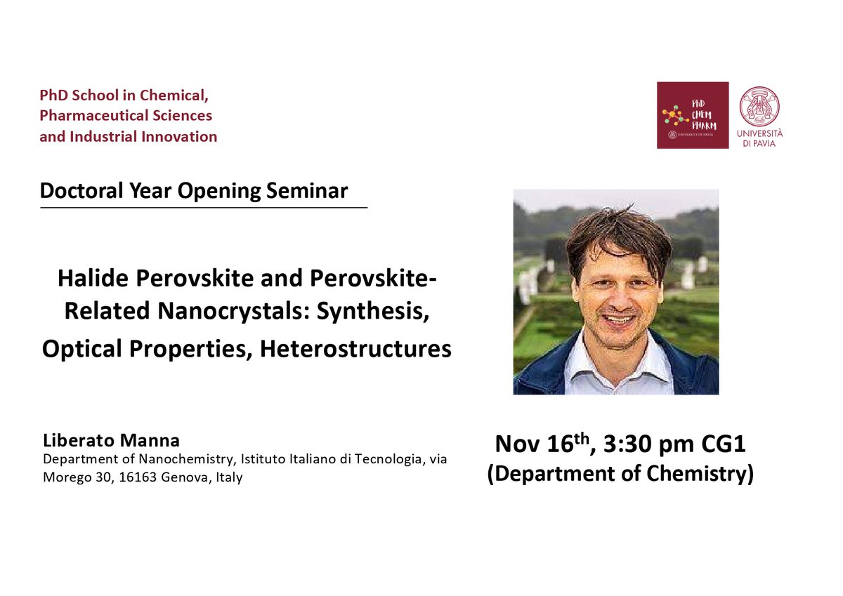 PaviaPhd's tweet photo. Today at the Department of Chemistry, opening lecture of the new PhD year @unipv.

Full details in the poster below! https://t.co/IUuUVk575E