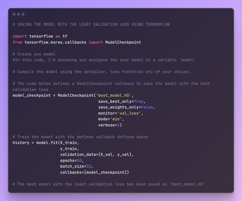 Hi #datafam. 
Today I want to talk about saving your best model. 

It is important to save the model with the least validation loss (or one with the highest validation accuracy) as your model is training. (1)

**The code below showcases how to do this using tensorflow: