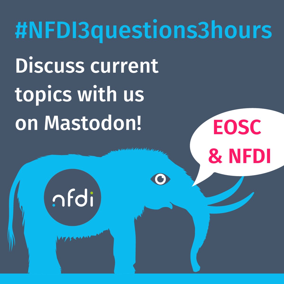 Discuss with us about #EOSC & #NFDI! In our format #NFDI3questions3hours, we invite you to an open discussion on our Mastodon server. 🐘⁉️ In episode 3, we provide 3 questions on the connection between @eoscassociation and NFDI. 🗓️ Start: 22 Nov, 1 pm 📌nfdi.social/@NFDI