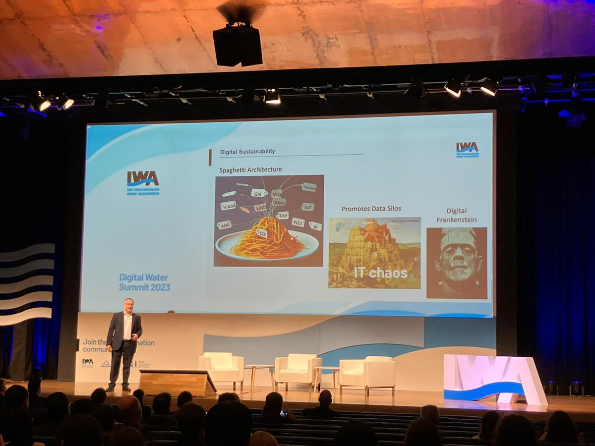 🍝"Spaghetti Architecture" and #datasilos: two key concepts regarding #DigitalSustainability. Jorge Helmbrecht, Idrica's Business Development Manager, illustrates these ideas based on Idrica's experience at IWA #DigitalWaterSummit 👇