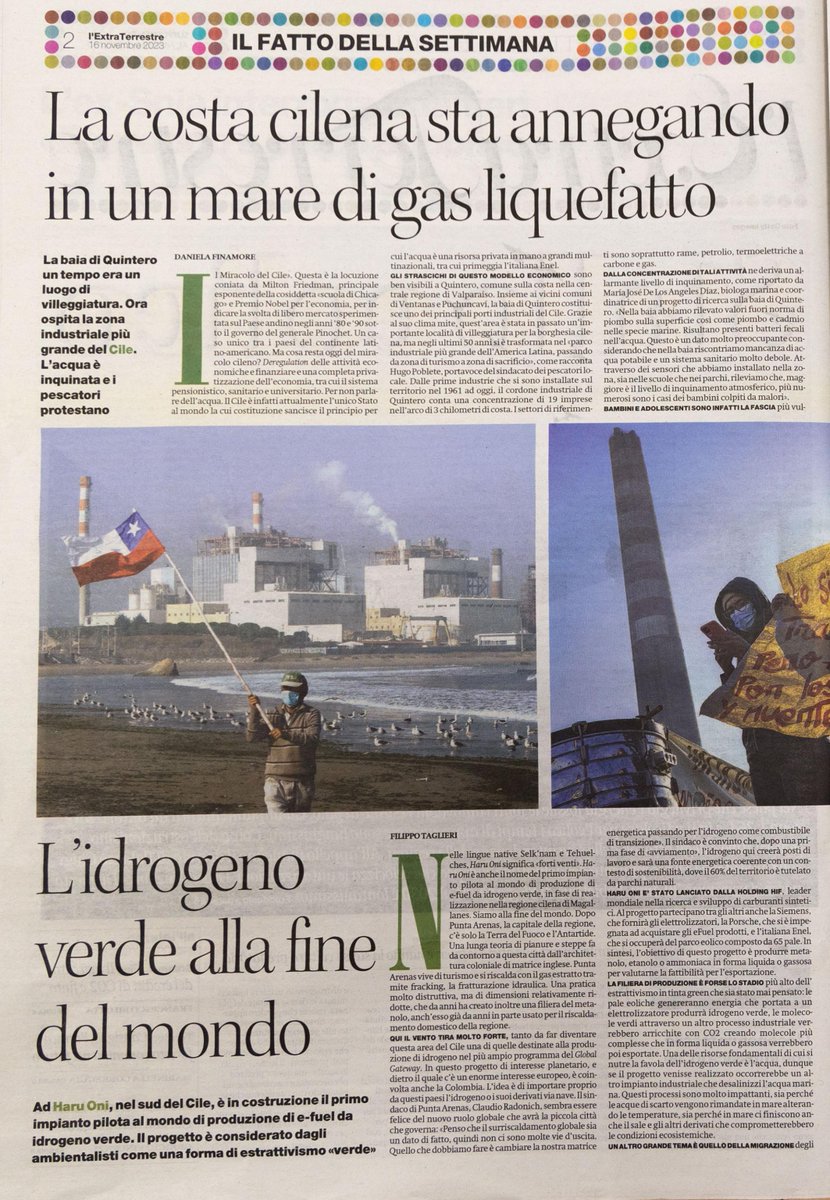 🗞️ Il gas naturale liquefatto e l'idrogeno stanno investendo le zone di sacrificio cilene, con la “partecipazione” delle italiane Intesa Sanpaolo ed Enel. Lo raccontano oggi <a href="/DanielaFinamor3/">Daniela Finamore</a> e @pippoteratera di ReCommon su <a href="/ilmanifesto/">il manifesto</a>.

👉 ilmanifesto.it/la-costa-cilen…
