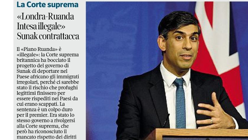 #16novembre Prima del piano 'migranti in Albania' c'è stata l'ideona britannica di deportarli in Ruanda. Ora Corte Suprema inglese la dichiara illegale. E 'informazione italiana di qualità' che fa? @corriere ha breve a pag 15 con titolo incomprensibile. Le notizie? Si filtrano..