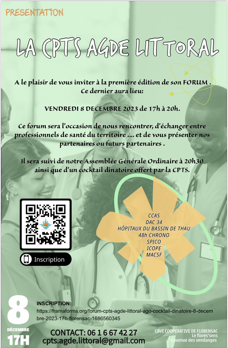 AgdeCpts's tweet photo. Bonjour,
 Nous avons le plaisir de vous convier au premier forum de la CPTS Agde Littoral qui se tiendra le 8 décembre prochain à Florensac à 17h. 
Nous vous remercions de confirmer votre présence au forum, et au cocktail dînatoire en cliquant sur le QR code de l affiche https://t.co/c7HGSPbehT