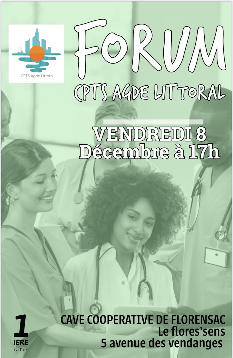 AgdeCpts's tweet photo. Bonjour,
 Nous avons le plaisir de vous convier au premier forum de la CPTS Agde Littoral qui se tiendra le 8 décembre prochain à Florensac à 17h. 
Nous vous remercions de confirmer votre présence au forum, et au cocktail dînatoire en cliquant sur le QR code de l affiche https://t.co/c7HGSPbehT