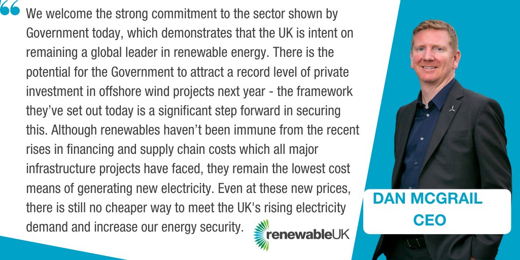 RenewableUK's tweet photo. 𝗡𝗲𝘅𝘁 𝗰𝗹𝗲𝗮𝗻 𝗽𝗼𝘄𝗲𝗿 𝗮𝘂𝗰𝘁𝗶𝗼𝗻 𝗰𝗼𝘂𝗹𝗱 𝗮𝘁𝘁𝗿𝗮𝗰𝘁 𝗿𝗲𝗰𝗼𝗿𝗱 𝗶𝗻𝘃𝗲𝘀𝘁𝗺𝗲𝗻𝘁 𝗶𝗻 𝗼𝗳𝗳𝘀𝗵𝗼𝗿𝗲 𝘄𝗶𝗻𝗱 - RenewableUK Media Release

@RenewableUKCEO Dan McGrail comments on the publication by the @energygovuk of the key parameters for next year’s auction for contracts to generate clean power (Contracts for Difference in Allocation Round 6) in our latest press release below:

https://t.co/cojMCrlLtP

#AR6 #offshorewind #energysecurity #energycrisis #investment #renewableenergy