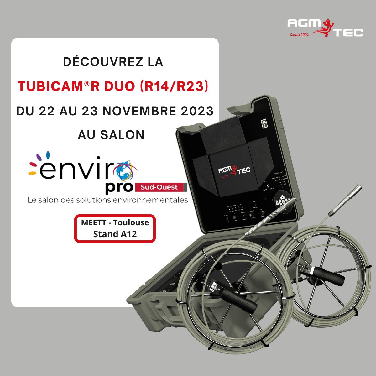 agm_tec_'s tweet image. 📅 AGM TEC vous donne rendez-vous au salon EnvirPro au MEETT à Toulouse du 22 au 23 novembre 2023, stand A12, pour découvrir la TUBICAM® R DUO. 

Plus d’informations sur notre site internet :bit.ly/48FPuFU

#AGMTEC #EnviroPro #CameraInspection #environnement #eau #fuite