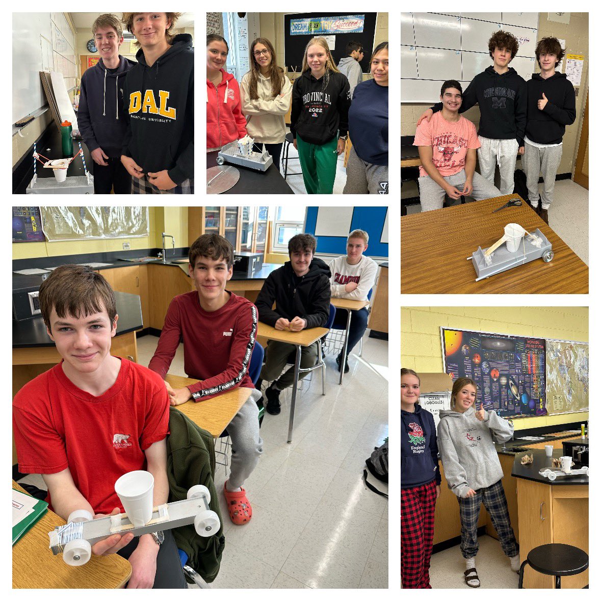Testing Newton’s First Law - some amazing and creative ideas from the SPH3U students! The bottom left picture is the one that spilled the least water - the cup slid along the cart! #impressiveengineering <a href="/LaSalle_LDSB/">La Salle Secondary</a>