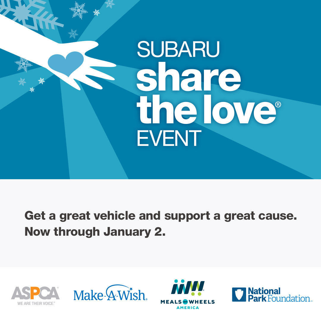 #SharetheLove is back! Now until January 2nd, with every new #Subaru purchased or leased, Subaru will donate $250 to your choice of charities. We will also donate $125 each to  @NICHESLandTrust and @FoodFinders!

Learn more: bit.ly/3G08Nwk
