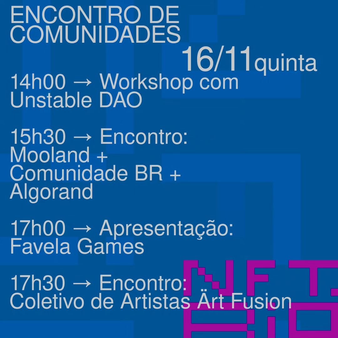 Hoje no Festival Multiplicidade + <a href="/NFT_RIO_/">nft.rio</a>  com talks, workshop e encontro de comunidades GRATUITO no Futuros Arte e Tecnologia 🔥
<a href="/castacrypto/">Castaneda</a> @unstabledao.xyz @urbe @nathanvaladares.eth @matiasmaxxx @yancarpenter @esquemageral <a href="/collection_moo/">MOO</a> @algofambrasil @artfusiongroup