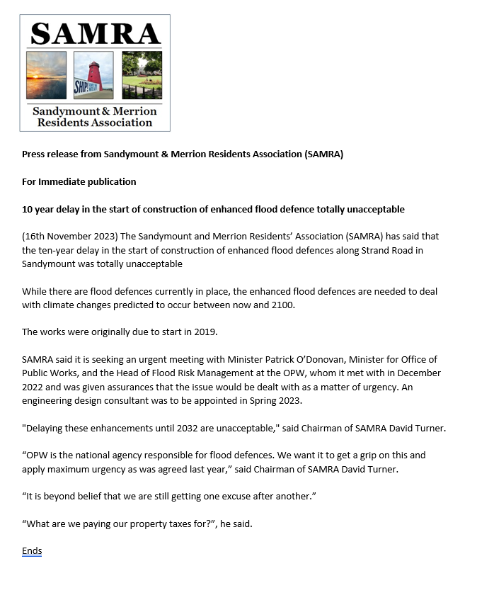 SAMRASandymount's tweet photo. 10 year delay in the start of construction of enhanced flood defence totally unacceptable Press Release here
https://t.co/h7hrvHgRc3
@GeogheganCllr @podonovan @LaceyDermot @OCallaghanJim @ivanabacik @chrisandrews64 https://t.co/KB3GGSkU4u