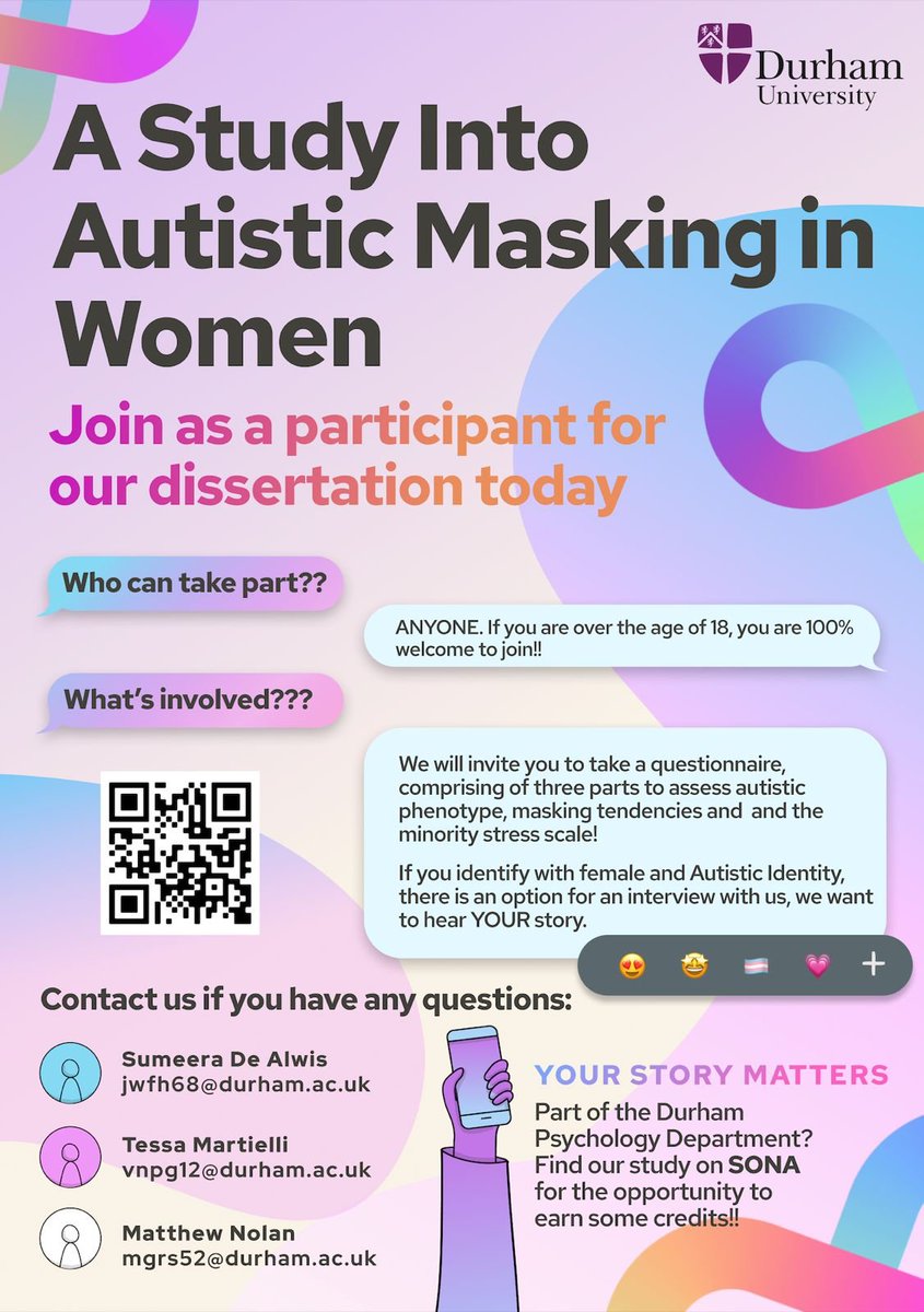 <a href="/DrSHodgetts/">Dr Sophie Hodgetts</a> and I are supervising some students who are interested in autistic masking. Anyone can take part (autistic/non-autistic, any gender), just need to be 18+ BUT if you are an autistic women there is also the option to take part in an interview.  Scan the QR to take part