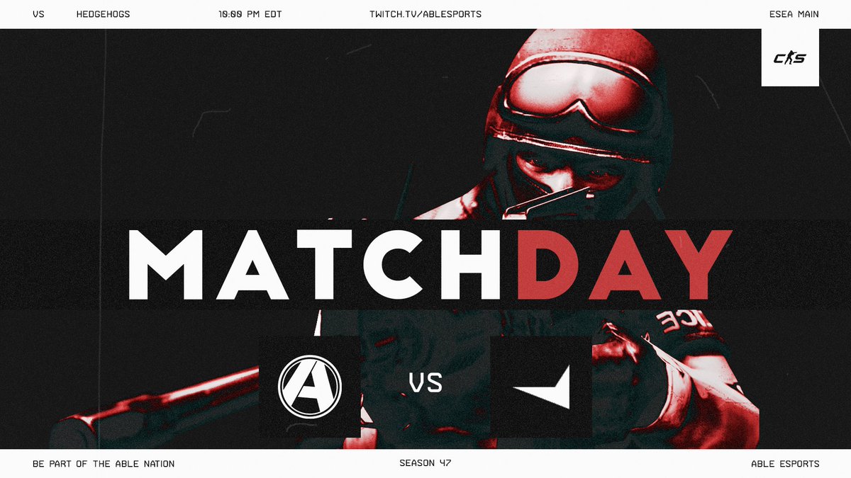 Able Esports (@ableesports) on Twitter photo Our #CSGO team is in #ESEA Main Season 47 action tonight. Let's go!
🆚 Hedgehogs
🕒 10 PM EST
📺 twitch.tv/ablesports
🎙️ <a href="/able_mil/">Emil ".mil" Vanjaka</a>
<a href="/larouche_91/">chuckkk</a>
<a href="/fronttt/">froNt^M</a>
<a href="/CSGO_Kizy/">Kizy</a>
<a href="/KRL_CS/">karl-andré</a>
<a href="/Senpaii_cs/">Senpaii</a> Our #CSGO team is in #ESEA Main Season 47 action tonight. Let's go!
🆚 Hedgehogs
🕒 10 PM EST
📺 twitch.tv/ablesports
🎙️ <a href="/able_mil/">Emil ".mil" Vanjaka</a>
<a href="/larouche_91/">chuckkk</a>
<a href="/fronttt/">froNt^M</a>
<a href="/CSGO_Kizy/">Kizy</a>
<a href="/KRL_CS/">karl-andré</a>
<a href="/Senpaii_cs/">Senpaii</a>