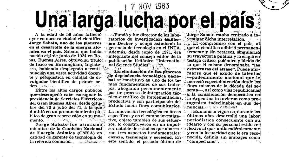 🇦🇷Jorge Sabato, pilar del desarrollo tecnológico nacional📆Se cumplen cuatro décadas de su fallecimiento⚛️Tecnólogo y físico autodidacta, su aporte fue decisivo para que Argentina lograse el dominio del ciclo de combustible para sus reactores nucleares👉bit.ly/3ukneZF