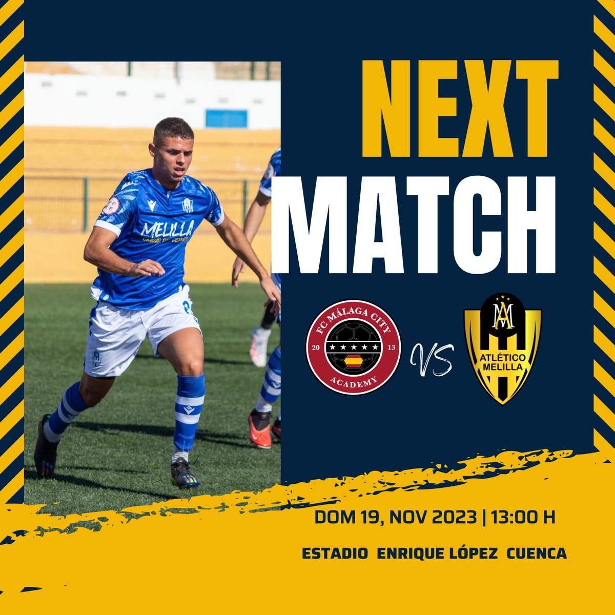 🟡 PRÓXIMO PARTIDO ⚫️
🏆 Tercera RFEF  Jornada 11
✈️ @fcmalagacity 🆚️ @at.melilla
🏟 Estadio Enrique López Cuenca
🗓 19.Nov,23
⏰️ 13:00 h