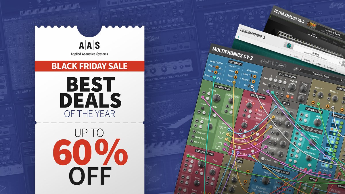 AAS_News's tweet photo. The AAS Black Friday Sale has started: Best Deal of the Year! Up to 60% Off: https://t.co/WlW2OowUQ8

#chromaphone #multiphonics #blackfriday #loungelizard #ultraanalog #strumgs2 #objeqdelay https://t.co/hZcAnITq7M