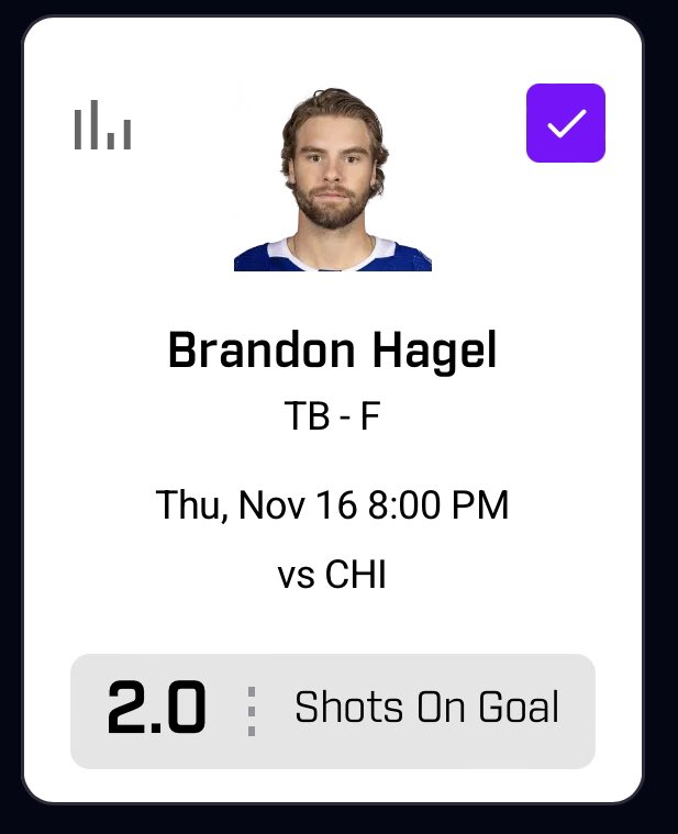 qcdagoat_'s tweet photo. ⭐️ NHL POTD ⭐️ Brandon Hagel over 2 sog ‼️ Hagel has hit this line L11/16 this season! Hagel has hit this line 100%  in his career against Blackhawks  going  2,3,3,4 💯‼️

#gamblingtwitter #prizepicks #props #nhl #bettingtips #bettingtwitter #sportsgambling https://t.co/qljJDBNo73