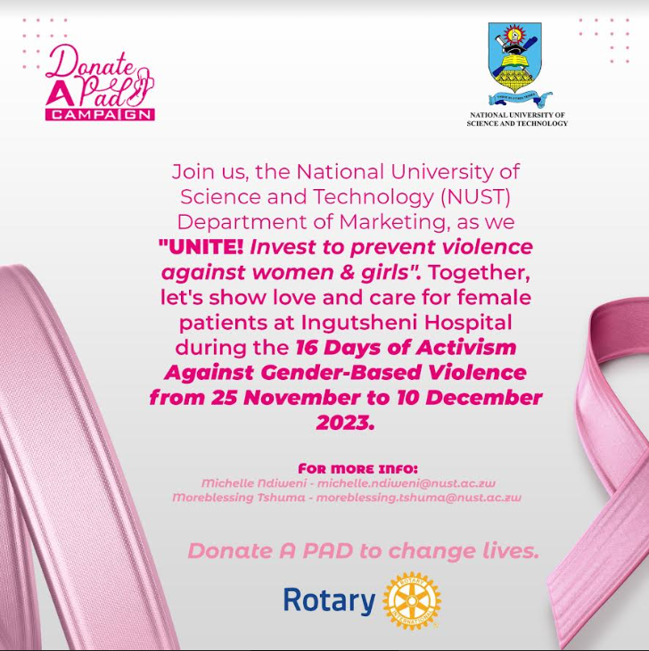 nustzim's tweet photo. The NUST Department of Marketing, in partnership with the Belmont Rotary Club, is inviting organisations, corporates and individuals to help collect pads for donation to female patients at Ingutsheni Central Hospital in Bulawayo. #donateapad #thinkinotherterms #studywithnust https://t.co/WRyaSld2dU