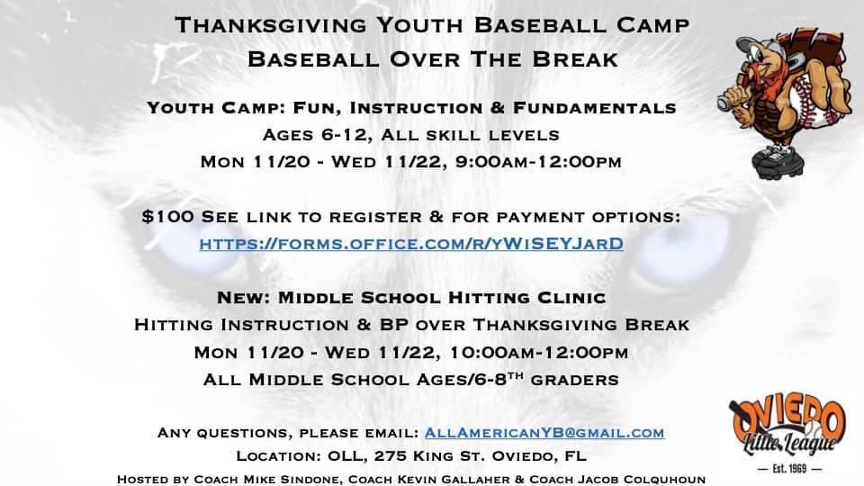 Baseball over the Break! 
Use the link below to register for our youth baseball camp (6-12yr olds). 

Middle schoolers we have a hitting clinic just for you. 

Registration Link: 
forms.office.com/r/yWiSEYJarD