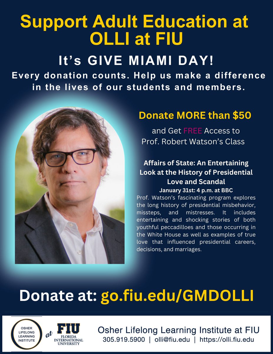 It's officially #GiveMiamiDay! You have 24 hours to donate to support our OLLI at FIU programs.

Visit our link go.fiu.edu/GMDOLLI to give.

Don't forget - <a href="/miamifoundation/">The Miami Foundation</a> will include a bonus gift at the of of today, so join us in supporting OLLI at FIU!
Thank you!

#give