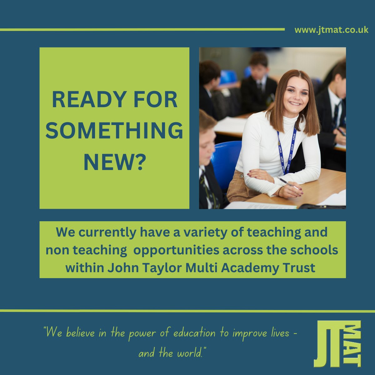 We currently have a range of job vacancies across the Trust - if you are looking for a new opportunity please visit our website for more information and to apply: jtmat.co.uk/vacancies/#Cur…