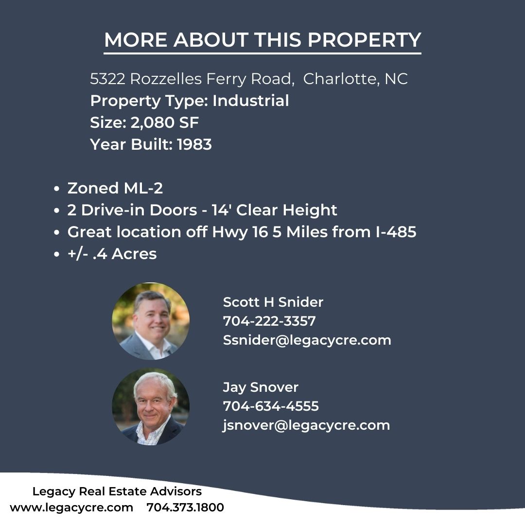 LegacyReal's tweet image. NEW LISTING. At the corner of Rozzelles Ferry Road and Green Street 0.4 acres, 2,080 square foot warehouse, two large drive-in doors, 14 foot clear height, and a bathroom. Zoned and permited for outdoor storage. (ML-2)  #outdoorstorage #warehouse #legacyrealestateadvisors #cltcre