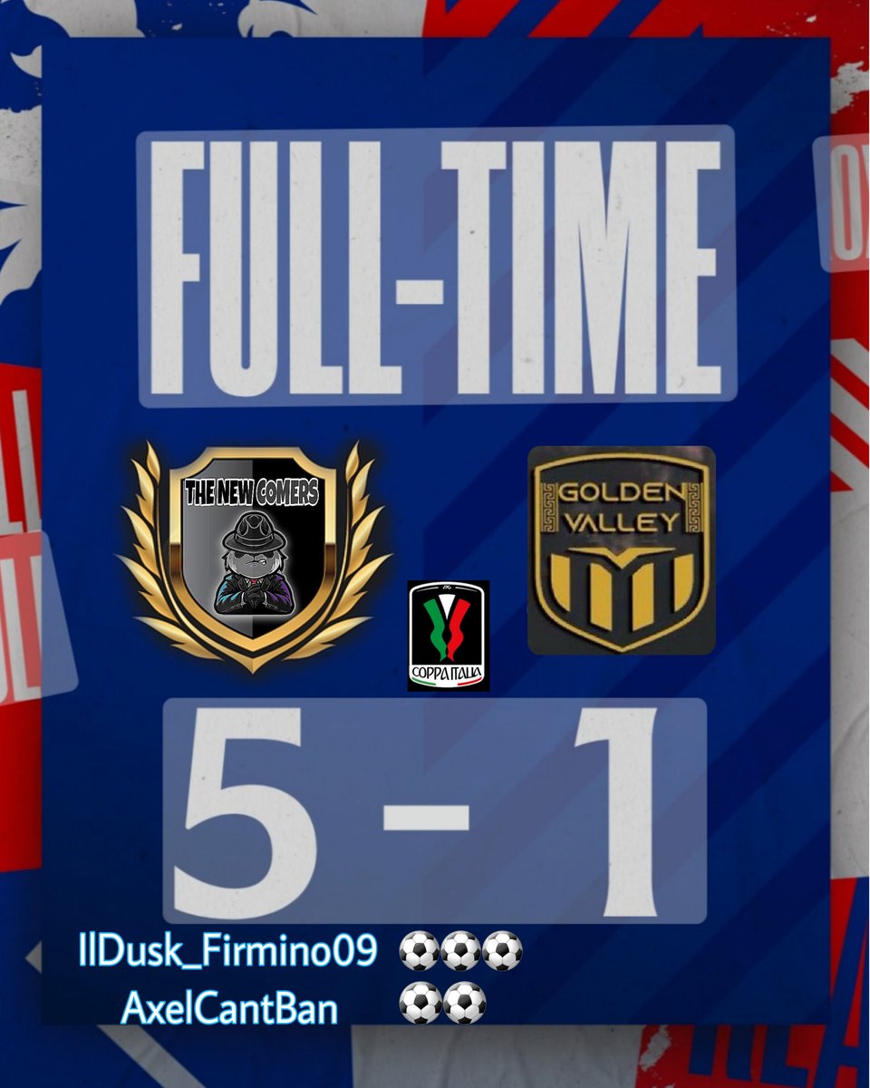 🏟 <a href="/VPGItaly/">Virtual Pro Gaming Italy 🇮🇹</a> coppa italia
🗓 2° giornata
🆚️ @GoldenValleyFC 
✅️ 5 - 1
⚽️⚽️⚽️ <a href="/DuskTheWall/">Dusk</a> 
⚽️⚽️      <a href="/AxelCantBan/">AxelCantBan</a> 
👟👟👟 <a href="/AGiu95/">AntoGiu95</a>
👟           <a href="/JokerCantPass/">• SAE ITOSHI •</a> 
👟            <a href="/AxelCantBan/">AxelCantBan</a>