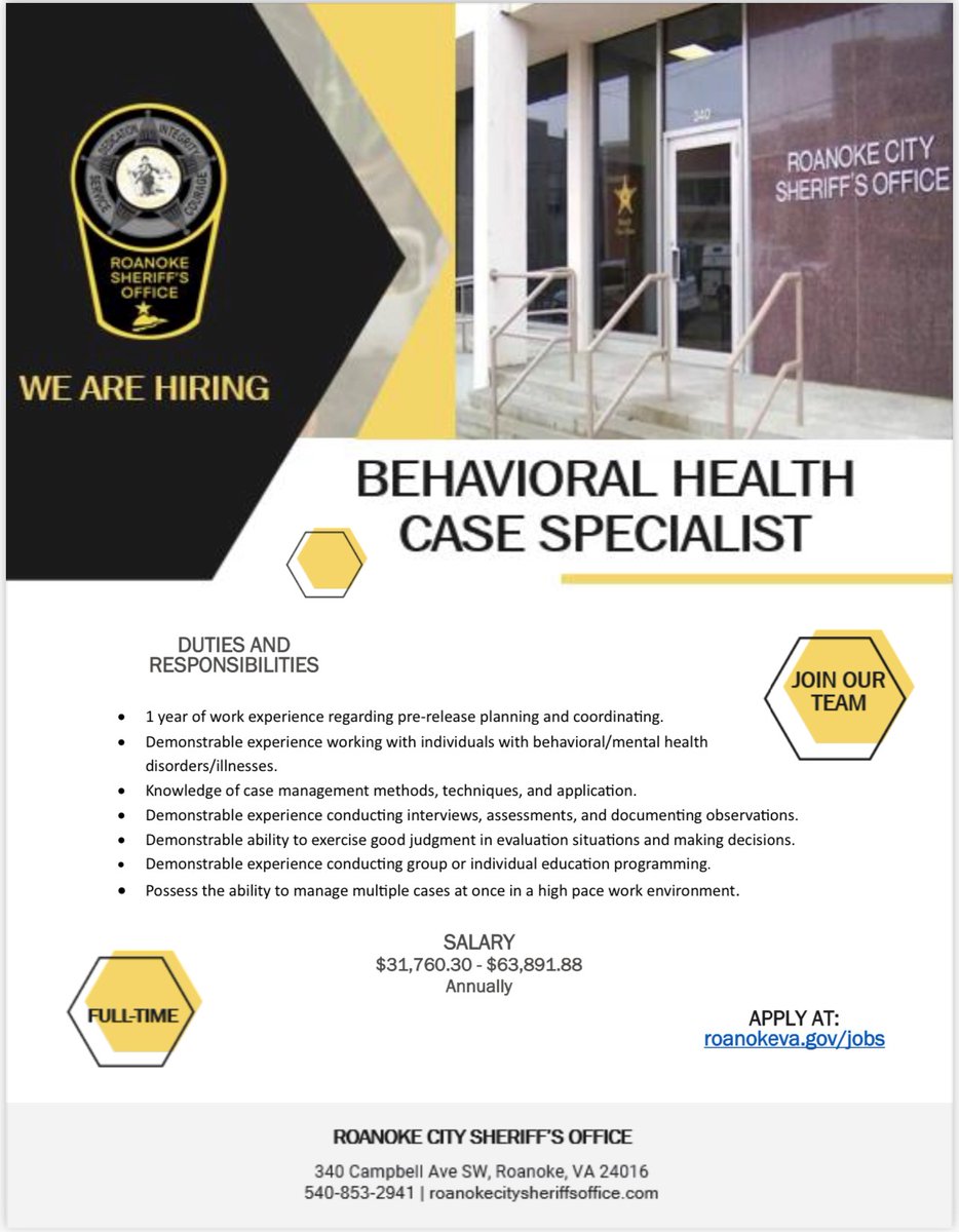 Join our TEAM! Currently accepting applications for a Behavioral Health Case Specialist. Detailed job description available at governmentjobs.com/careers/roanoke.