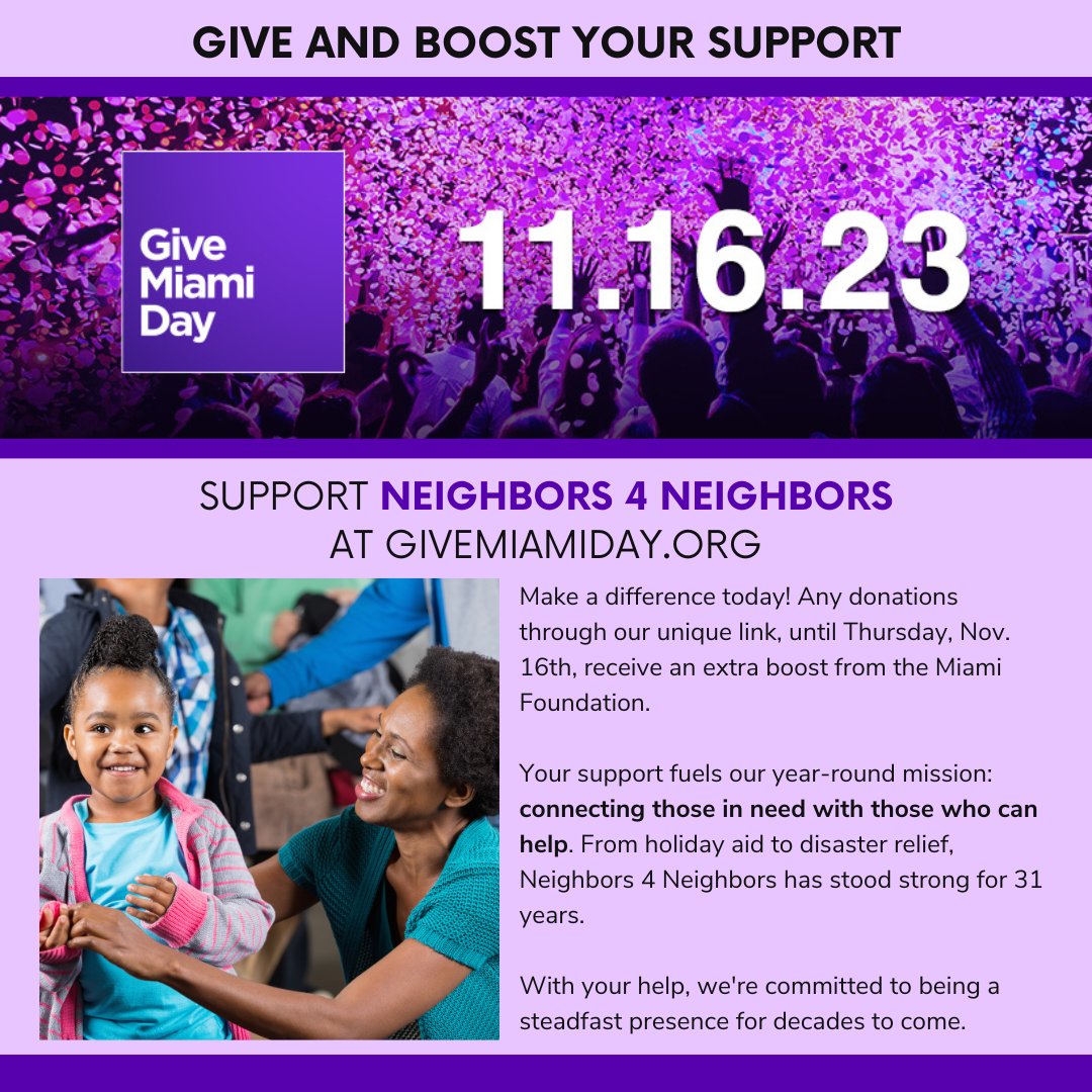 TODAY is #GiveMiamiDay! Join the movement today and vist givemiamiday.org/Neighbors4Neig… to DONATE! Your generous contributions will go towards helping our neighbors in need 💙💛 Donations will be open until 11:59pm.