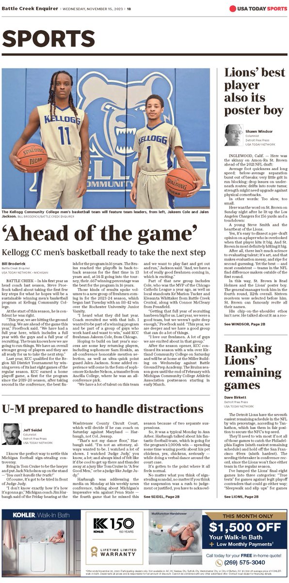 Kellogg_CC's tweet photo. Check out #KCCBasketball on the cover of today's Battle Creek Enquirer Sports section! Second day in a row! GO BRUINS! @KelloggBruins @Kellogg_WBB https://t.co/kv5jwW1vBT