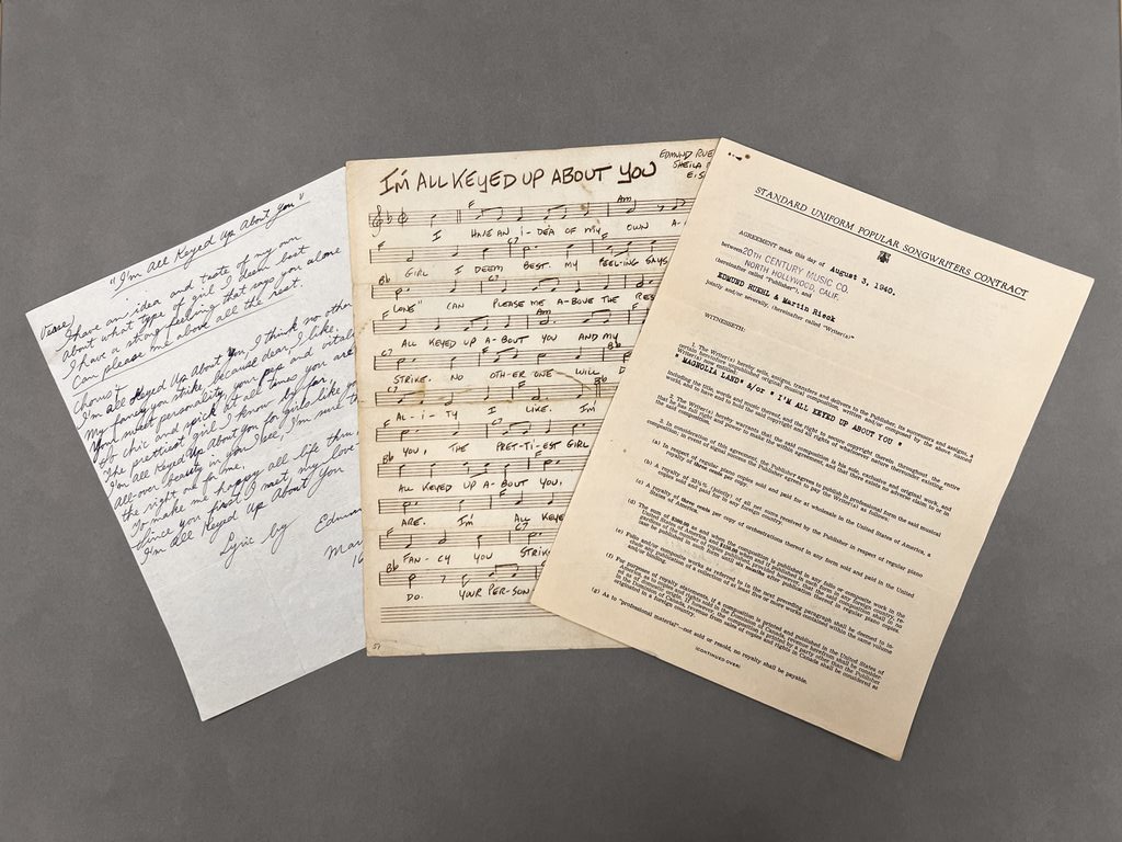 Check out our newest collection: the Edmund H. Ruehl fonds!

Ruehl was a lyricist from Kitchener and often worked with Martin Rieck of New Hamburg. The fonds mostly contains song lyrics and a contract for the publishing of two of their songs.

Learn more: libarchives.wlu.ca/index.php/edmu…
